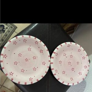 Vintage 2001 Pink and white stripe and daisy plates set of 2
